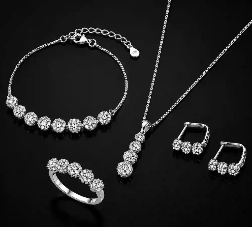 سرویس نقره فلاور نگینی Silver Crystal Flower Jewelry Set