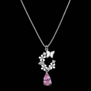 گردنبند نقره C و اشک صورتی Silver C & Pink Teardrop Necklace