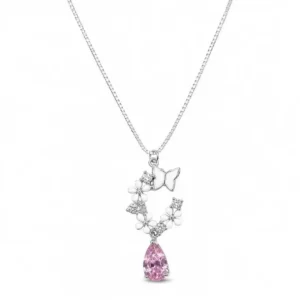 گردنبند نقره C و اشک صورتی Silver C & Pink Teardrop Necklace