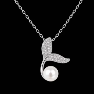 گردنبند نقره دم وال مروارید | Silver Pearl Whale Tail Necklace